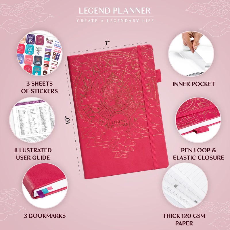 Legend Planner PRO â€“ Deluxe Weekly & Monthly Life Planner to Increase Productivity and Hit Your Goals. Time Management Organizer Notebook â€“ Undated â€“ 7 x 10" Hardcover + Stickers â€“ Hot Pink - Image 2